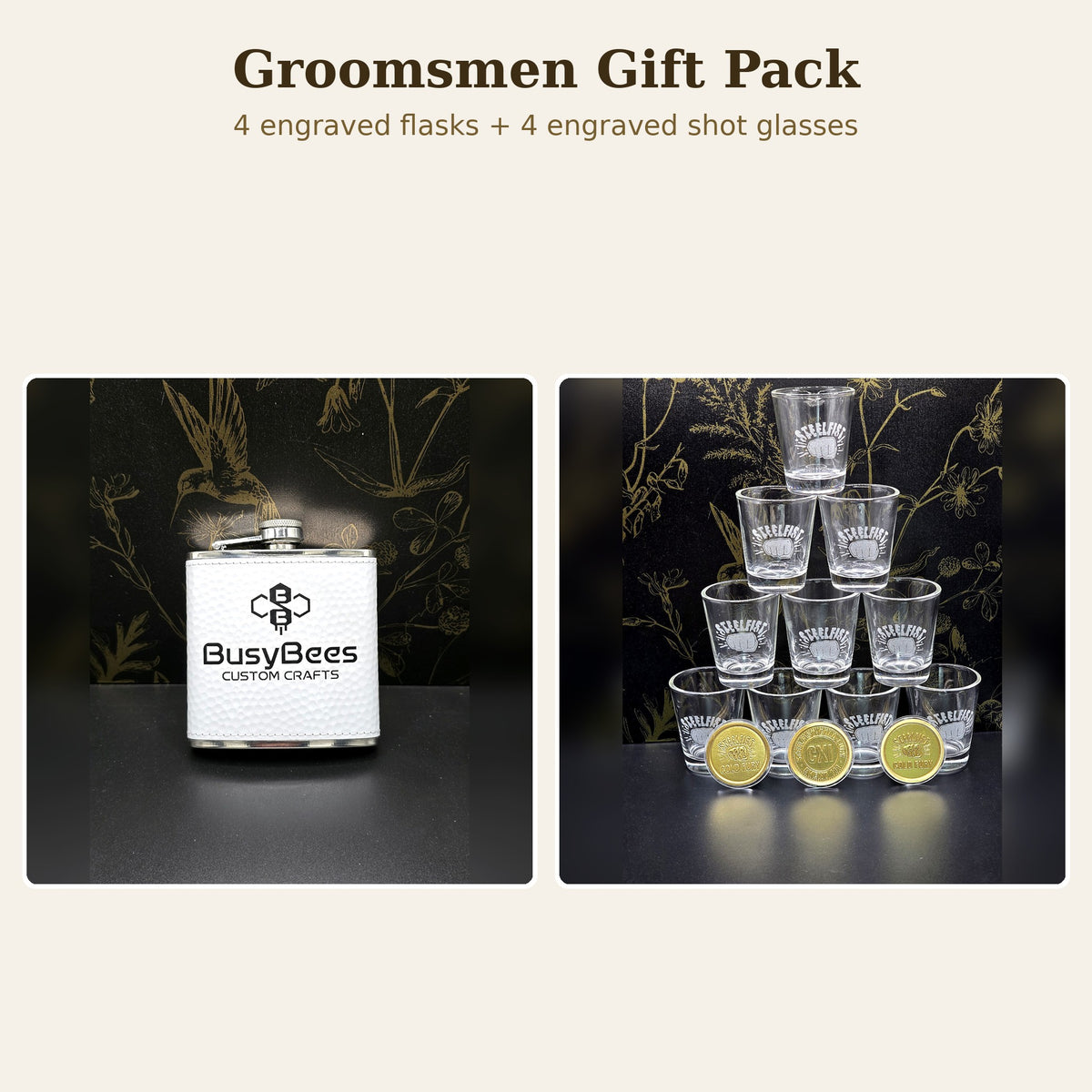 Groomsmen Gift Pack: engraved flasks and shot glasses