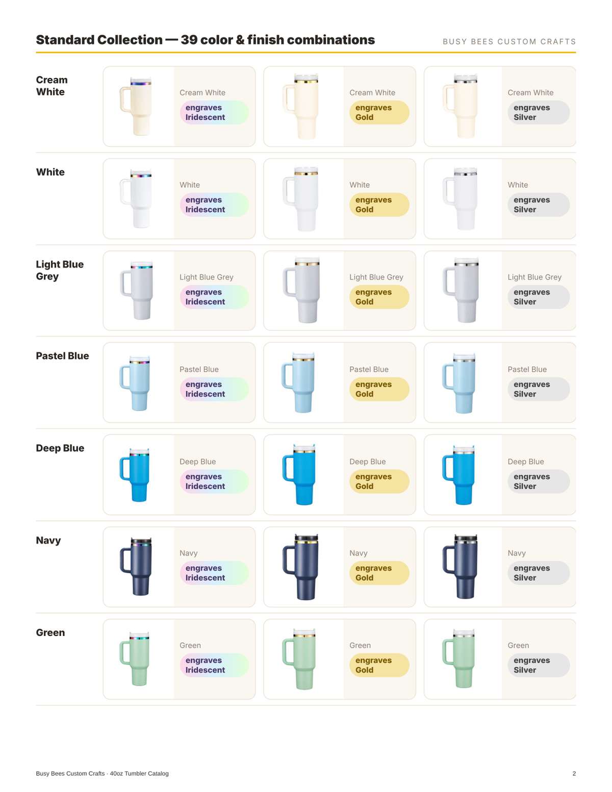 Standard 40oz Tumbler Colors Cream White Through Green