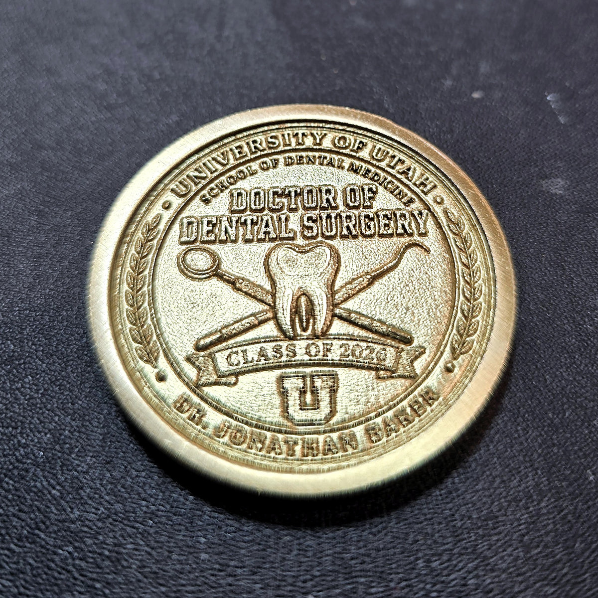 Custom brass graduation coin example