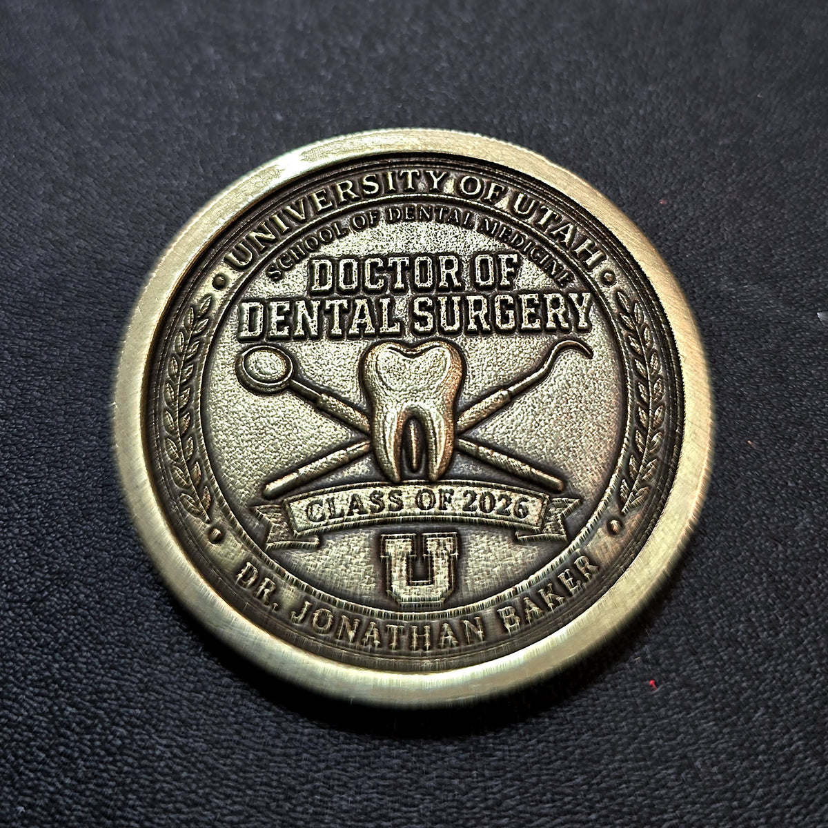 Custom brass graduation coin example