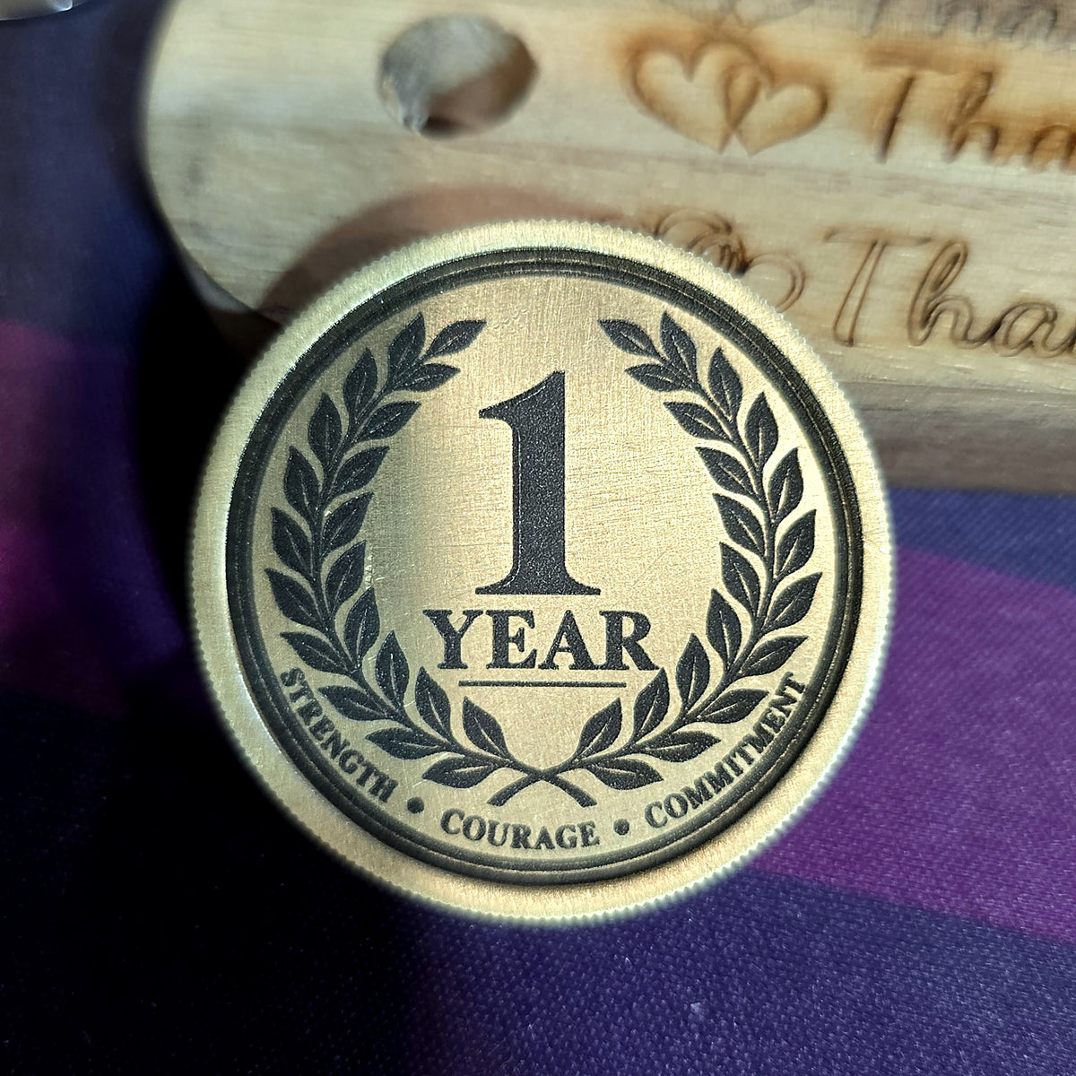 1 Year sobriety brass coin, black engrave