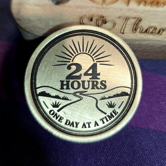 24 Hours sobriety brass coin, black engrave