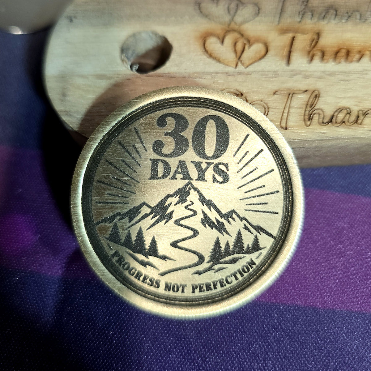 30 Days sobriety brass coin, black engrave