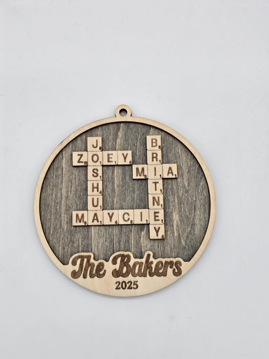 Custom crossword family name ornament