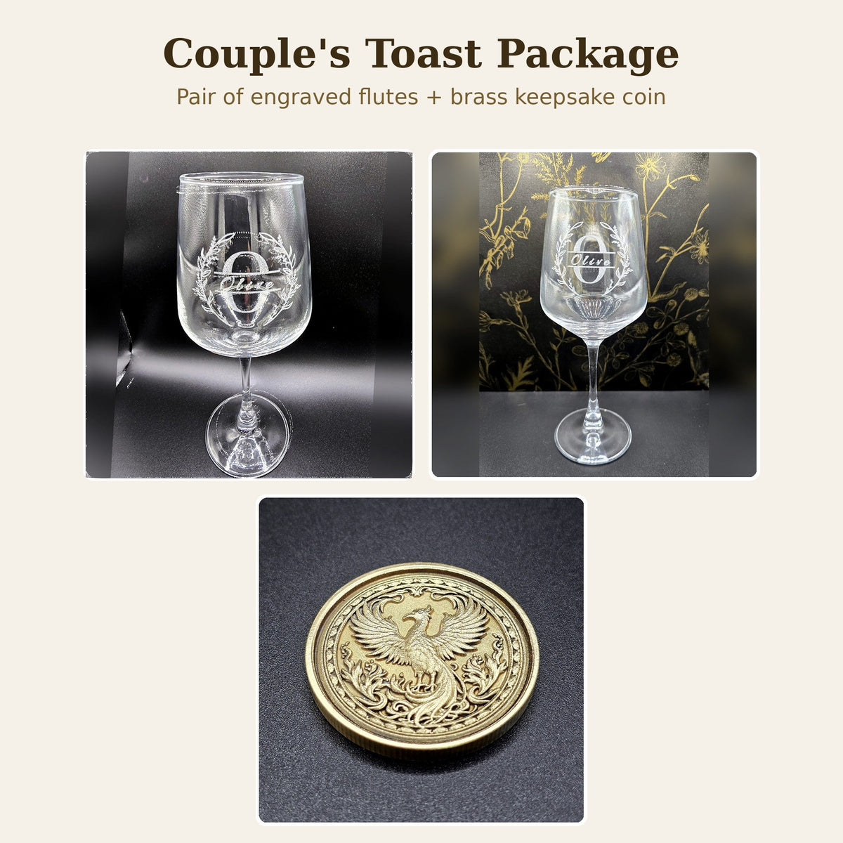 Couple's Toast Wedding Package: engraved wine glasses and brass coin