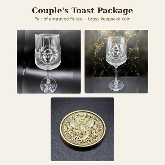 Couple's Toast Wedding Package: engraved wine glasses and brass coin