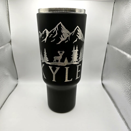 Custom engraved black 40oz tumbler with mountain and deer design